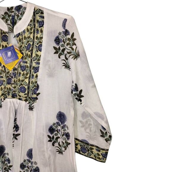 Miniature Auroville Womens Dress Sz L 100% Cotton Bib 3/4 Sleeve Botanical Kurta - Picture 6 of 11